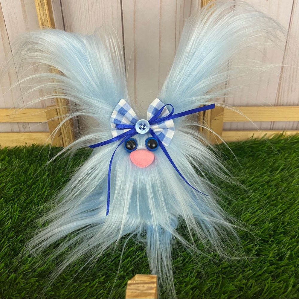 Blue Bunny Frazzled Furry Faux Fur Gingham Bow Easter Spring Home Decor